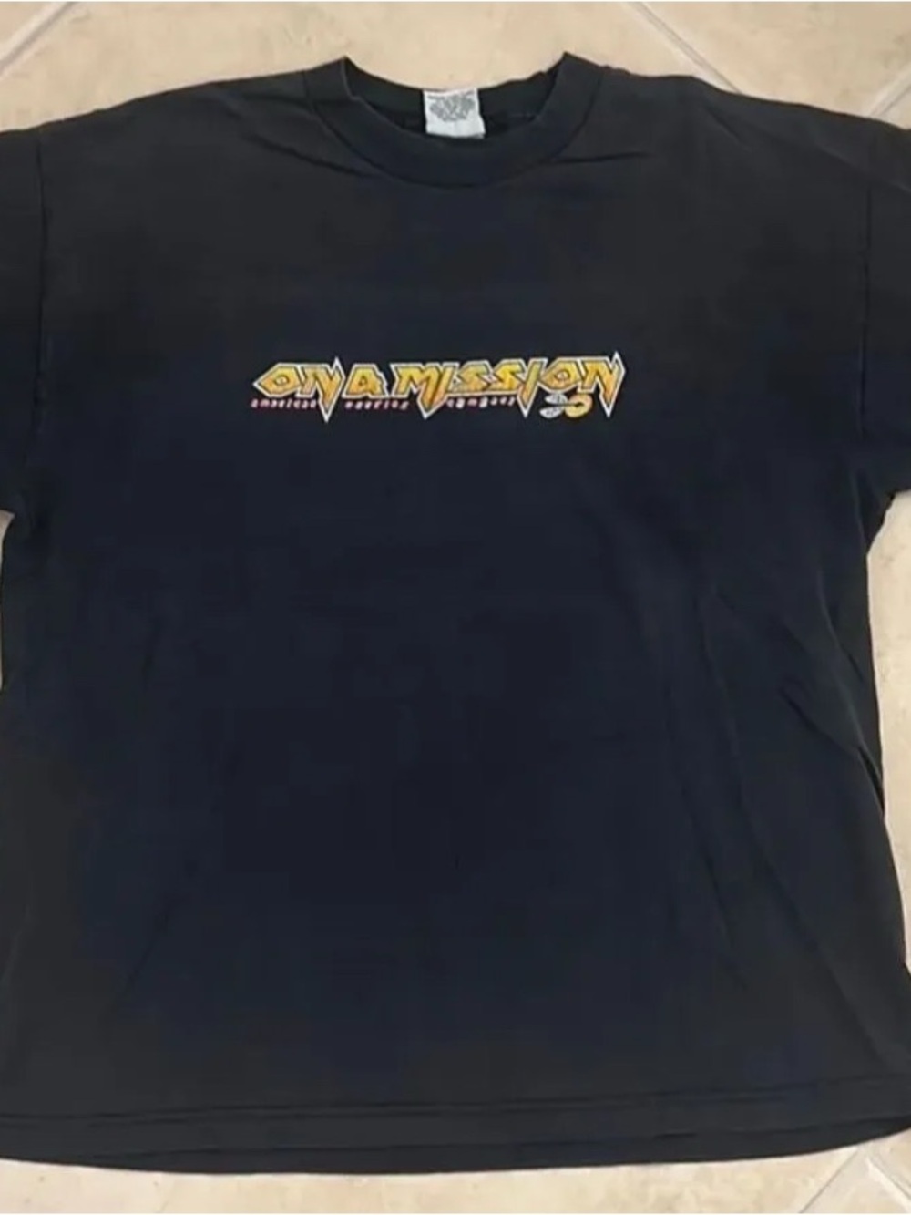 Vintage 90’s On A Mission Surf Tee XL Fader Distressed Tiny Pinholes Made in USA